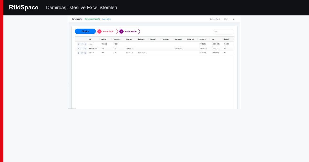 RfidSpace demirbaş listesi ve Excel aktarım ekranı