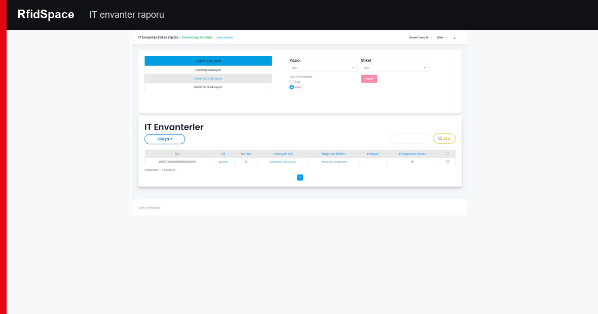 RfidSpace IT envanter raporu ekranı