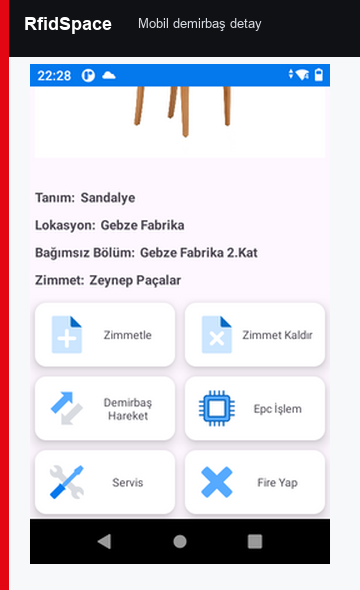 RfidSpace mobil demirbaş detay ekranı