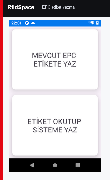 RfidSpace mobil EPC etiket yazma ekranı