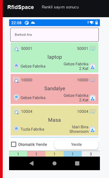 RfidSpace mobil renkli sayım sonucu ekranı