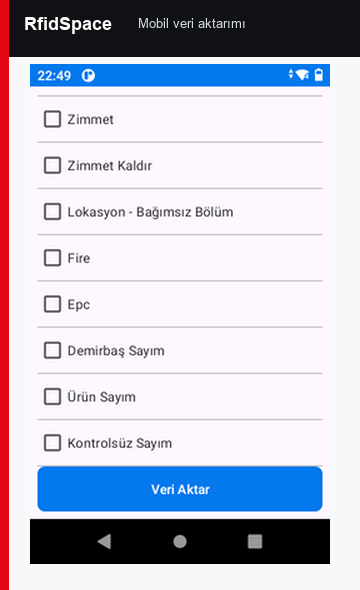 RfidSpace mobil veri aktarımı ekranı