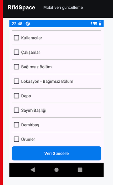 RfidSpace mobil veri güncelleme ekranı