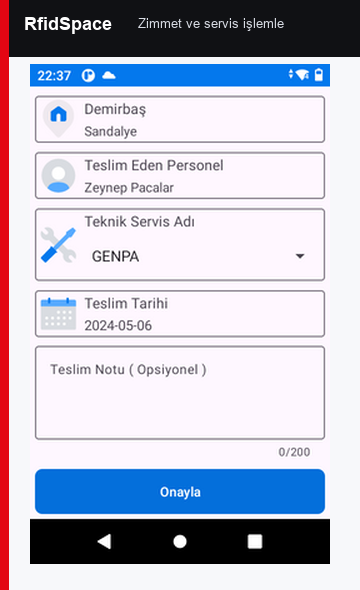 RfidSpace mobil zimmet ve servis ekranı