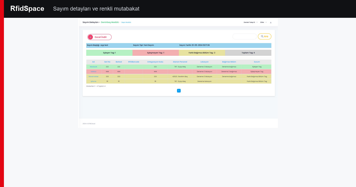 RfidSpace renkli sayım detayları ve mutabakat ekranı