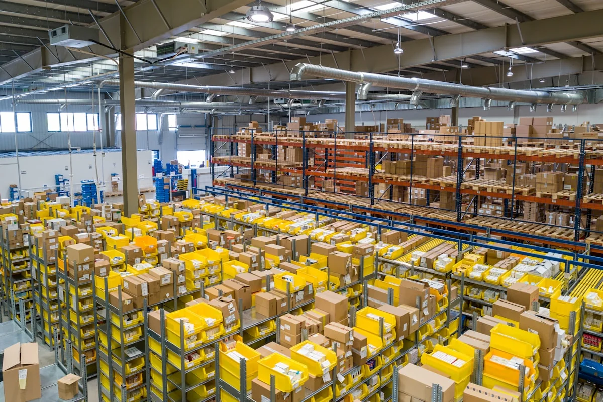 Depoda ürün toplama rafları ve paketleme alanı