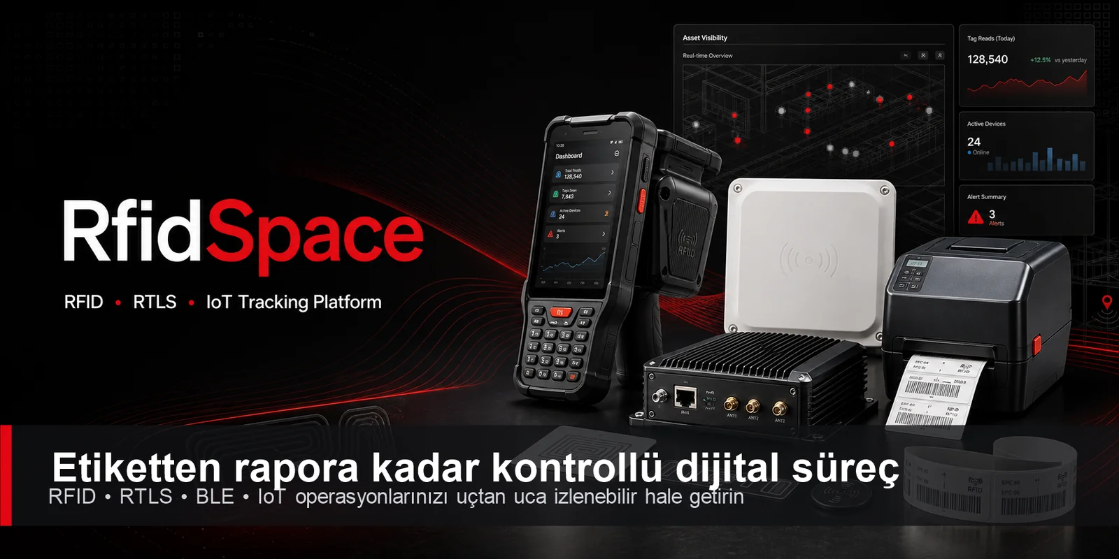 RfidSpace RFID depo ve demirbaş takibi için el terminali, sabit okuyucu, anten ve etiket yazıcı